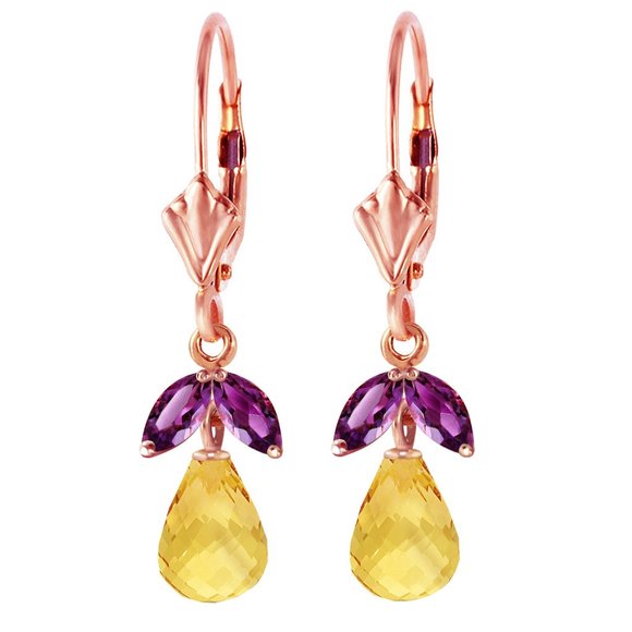 14K. GOLD LEVERBACK EARRING W CITRINES & AMETHYST - Picture 1 of 4